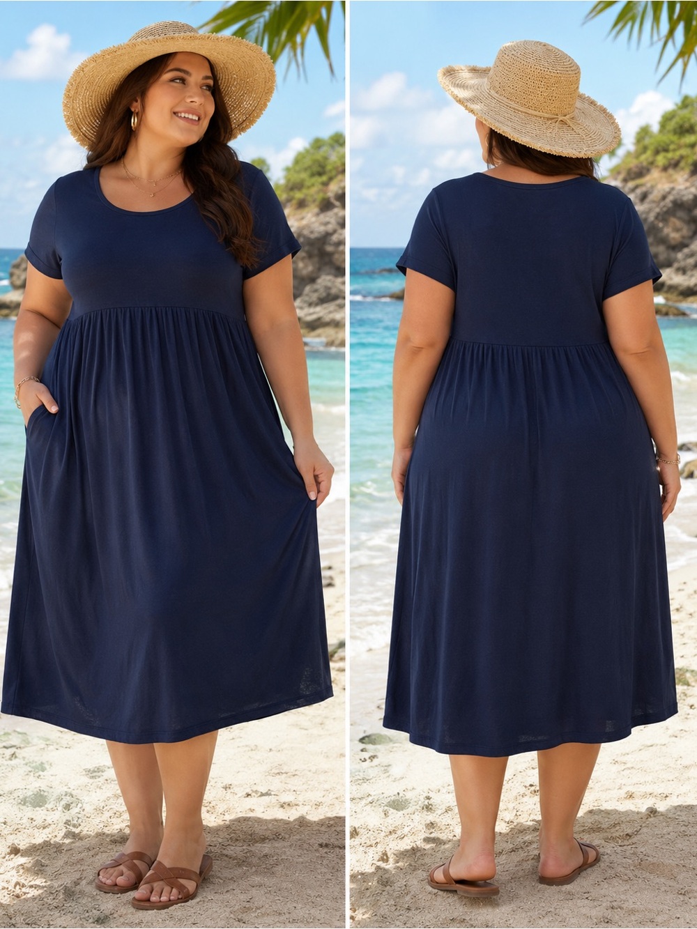 Terra & Sky Navy Short Sleeve Plus Sundress or Swim Coverup Dress 1X